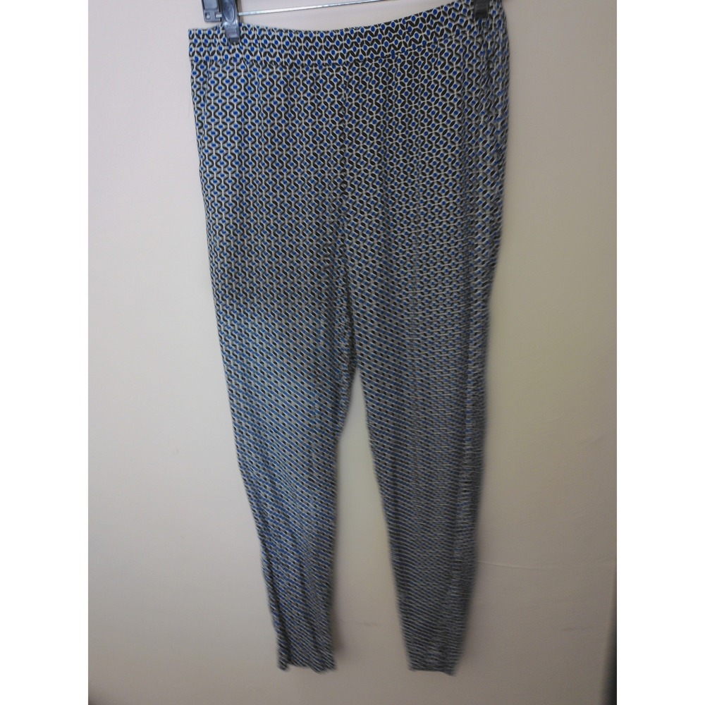 H&M Trousers Women 6 Blue Geometric Elastic Waist Tapered Pocket Casual Mod Insp